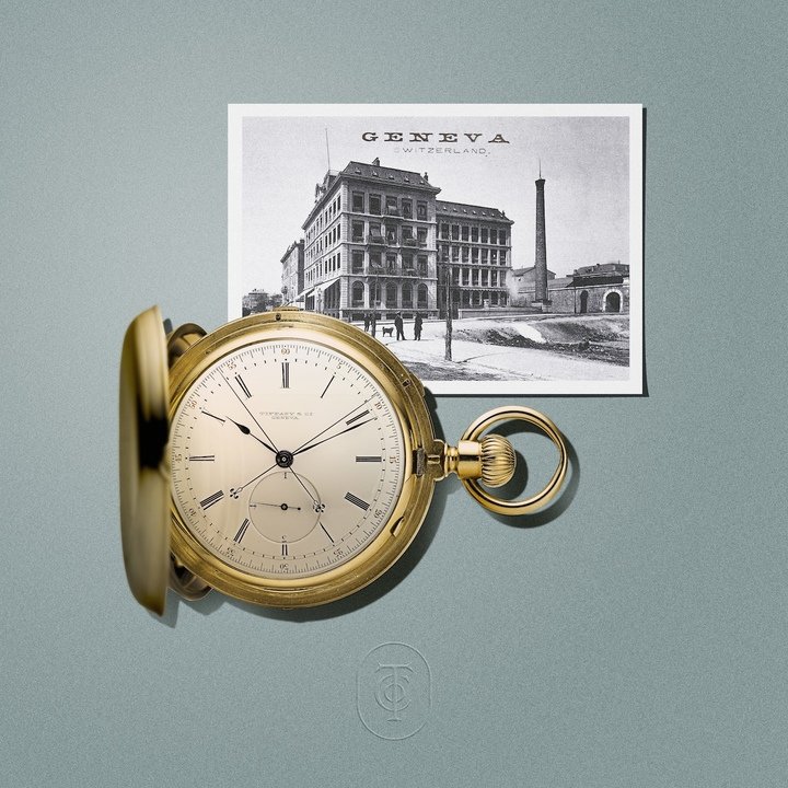 Tiffany & Co. chronograph, 1872–1879, with a photograph of the Geneva factory. Tiffany Archives.