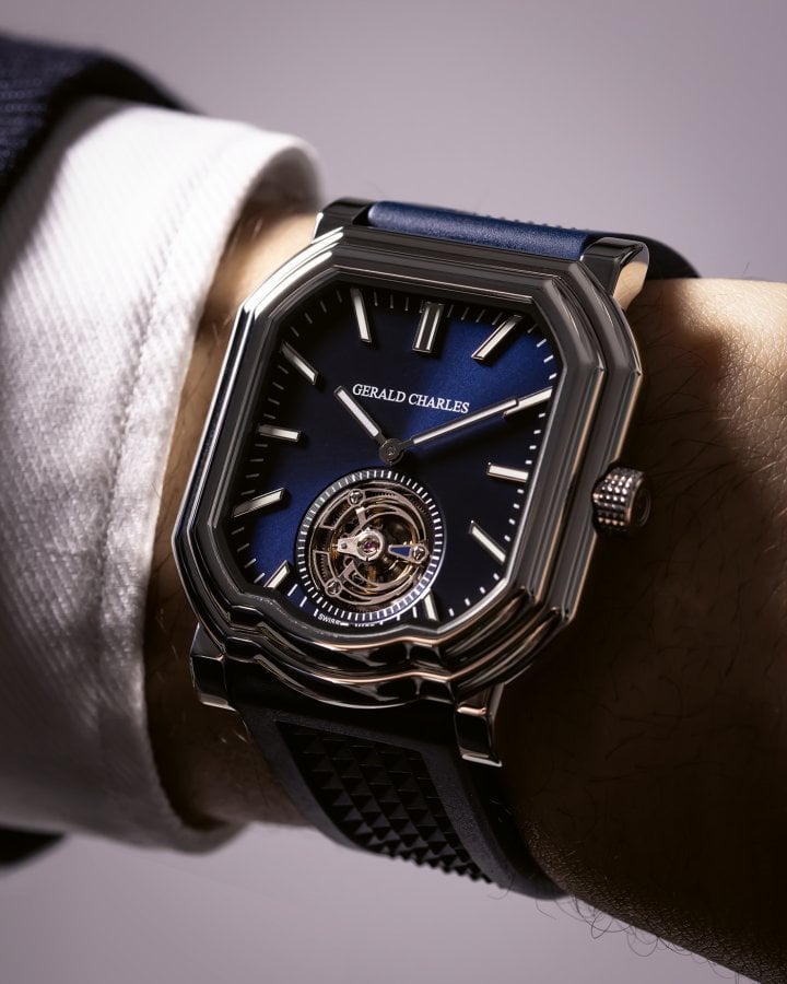 The Maestro 9.0 Tourbillon is equipped with the GCA 3024/12 automatic flying tourbillon calibre, featuring bespoke bridge designs decorated with a special vertical Côtes de Genève pattern developed by designer Octavio Garcia. It has a 50-hour power reserve, an uncommonly high figure in a 60-seconds flying tourbillon, made possible by the movement's twin-barrel system. 