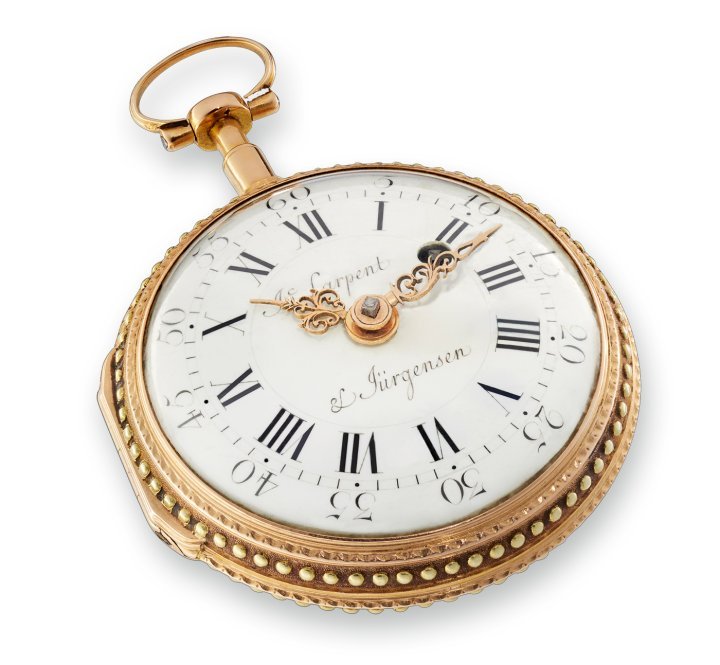 Larpent & Jürgensen no. 845, made in 1781–1782. White enamel dial with Roman and Arabic numerals. Richly decorated and engraved case.