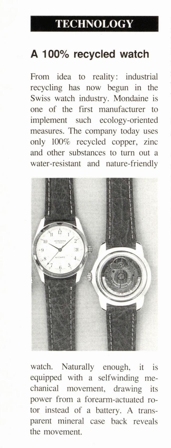 An article from 1992 in Europa Star on Mondaine's recycled watch, at a time when the issue was not a widespread concern.
