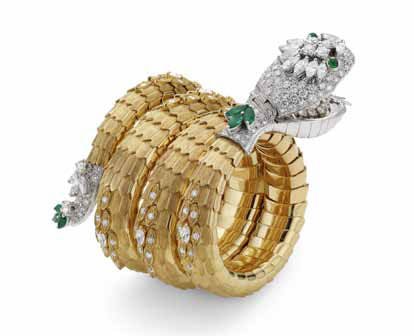 Yellow gold, platinum, diamond and emerald Serpenti bracelet-watch from Bulgari's Heritage Collection, ca. 1967.