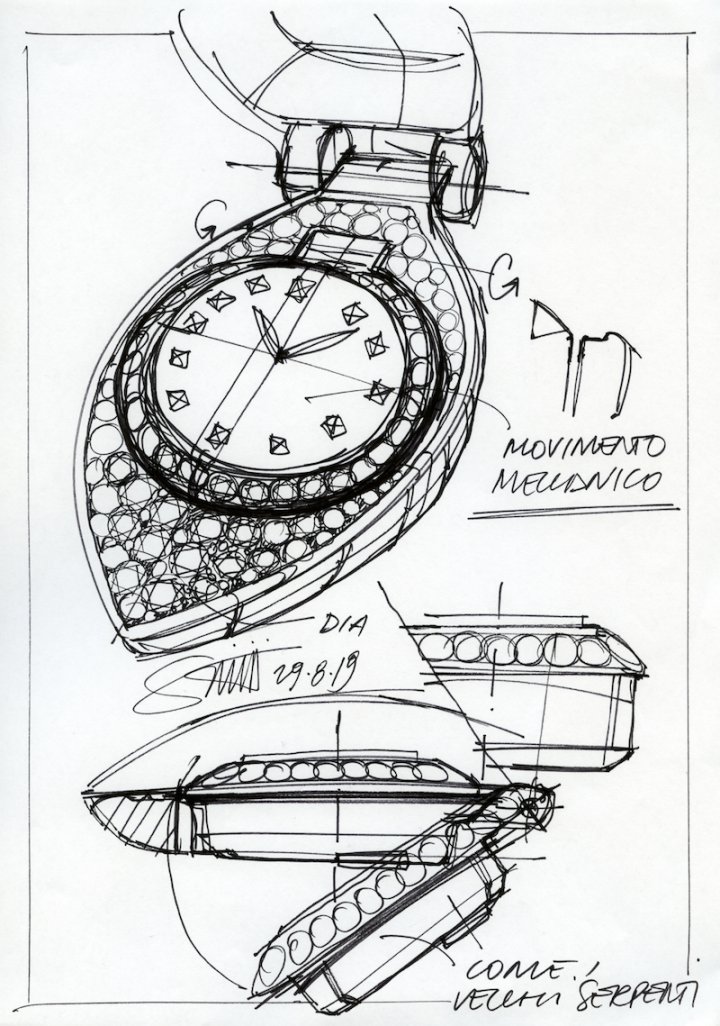 The Serpenti Misteriosi, as designed by Fabrizio Buonamassa Stigliani. A press on the tongue reveals the watch, under the snake's head. A bidirectional crown on the case back allows the watch to be wound manually and the time to be set. 