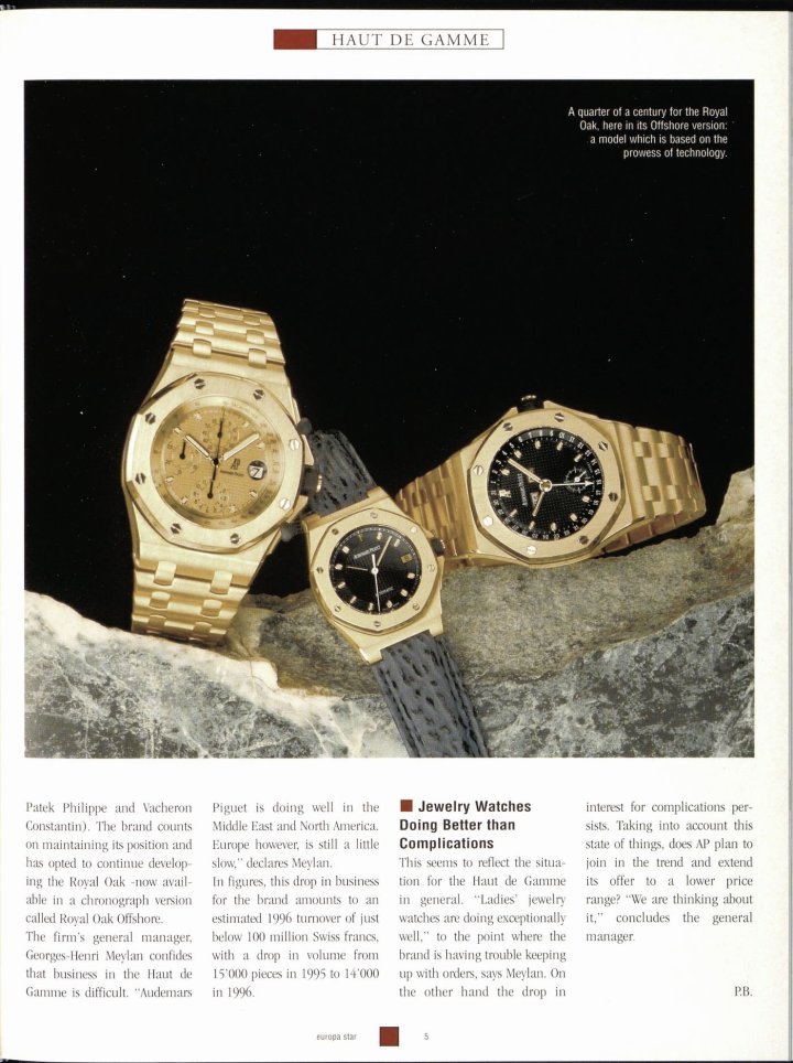 Although it represented a small proportion of Audemars Piguet's production, it was obvious that the Royal Oak Offshore was a trend-setter. 1996 saw the launch of a 30 mm model for women and a 38 mm complete calendar model that quickly became the sales leader.