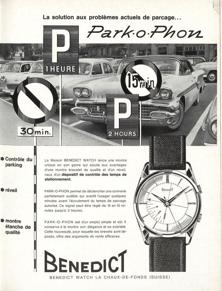 The Benedict Watch Park-o-Phon model, Europa Star 1968. It performs the same function as the Jaeger-LeCoultre Memovox Parking, but the alarm mechanism and design are slightly different.