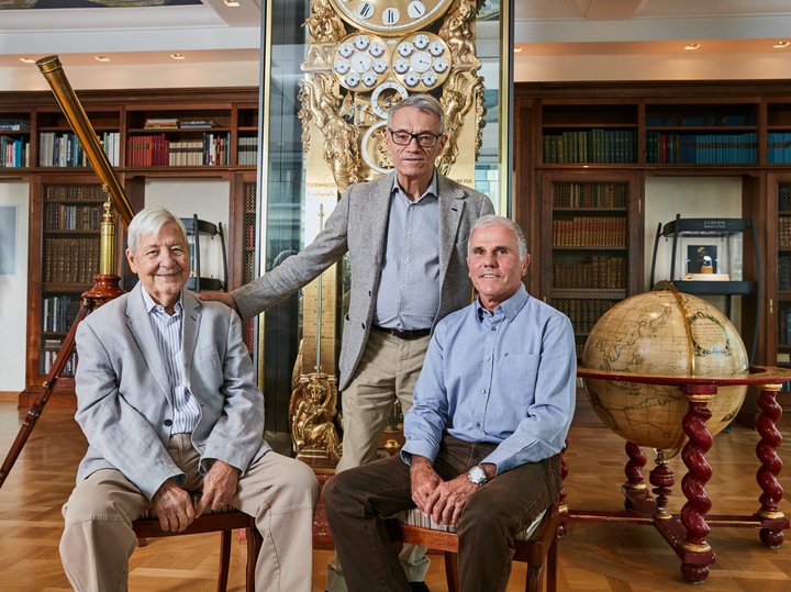 Roland Tille (left), Helmut Crott (centre) and René Baeriswyl (right), in the lobby of Manufacture F.P. Journe in Geneva. 