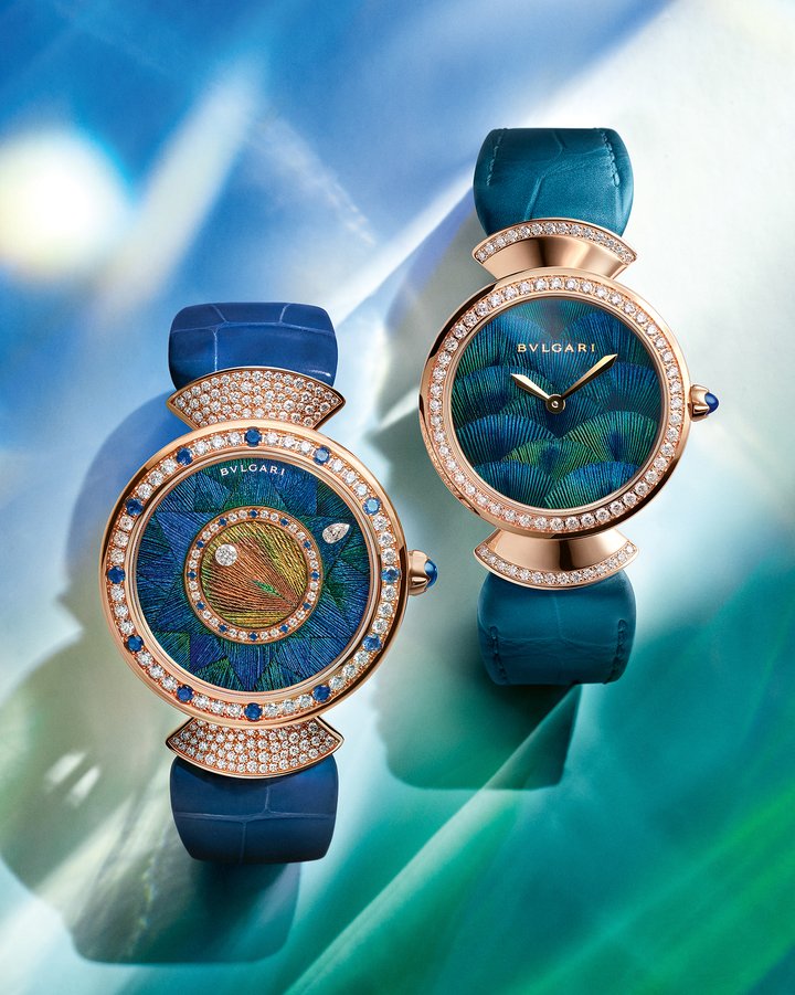 Bvlgari Diva's Dream (2023) with a delicate marquetry of natural feathers in shades of blue and green