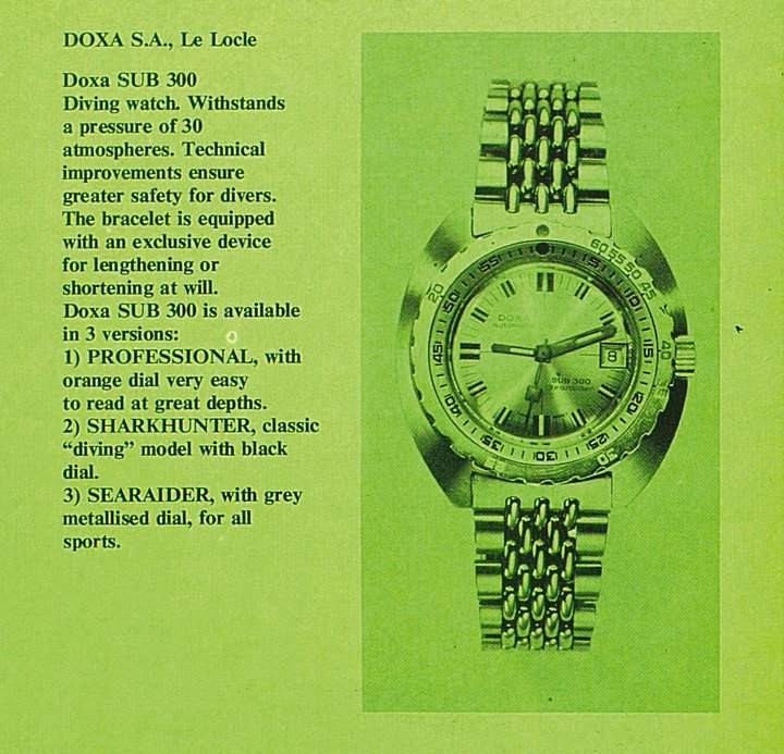 The Doxa SUB 300 in a 1967 Europa Star, with references to the Professional, Sharkhunter and SeaRaider versions.