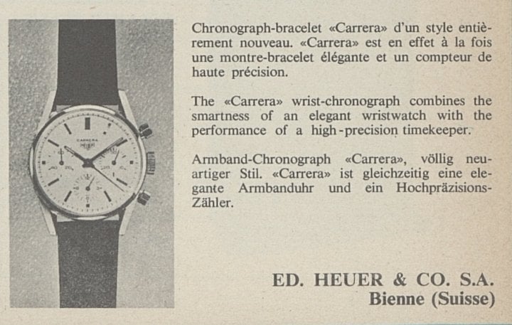 The Heuer Carrera introduced in the autumn 1963 edition of Europa Star: “The smartness of an elegant wristwatch with the performance of a high-precision timekeeper.”