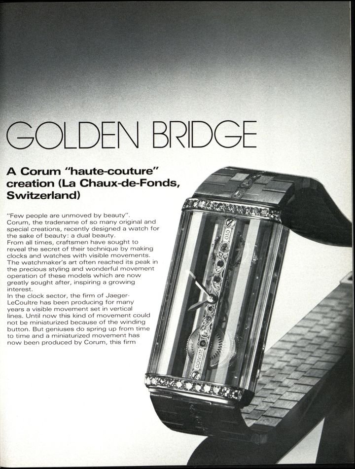 Le lancement de la Golden Bridge en 1980 dans Europa Star. Le modèle est l'un des deux piliers de la relance de Corum en 2026.