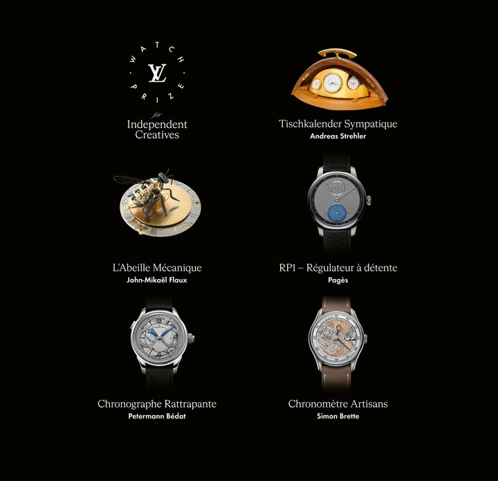 The five finalists of the first edition of the Louis Vuitton Watch Prize for Independent Creatives: Andreas Strehler – Tischkalender Sympathique, a mechanical perpetual table calendar with indication of year, month, date and day of the week, and a pocket watch as master timekeeper, indication of hours, minutes, seconds, day and night, mechanical memory status. John-Mikaël Flaux – L'abeille mécanique, a time object with poetic hours, carousel movement, manual winding with key, 40h power reserve. Raul Pagès – RP1 Régulateur à détente, a mechanical manual-winding watch, in-house calibre with a detent escapement with pivoted lever. Petermann Bédat – Chronographe Rattrapante, a chronograph, stopwatch, jumping minute and rattrapante mechanism. Simon Brette – Chronomètre Artisans, a mechanical manual-winding watch, in-house calibre, hours, minutes, small second & stop second.