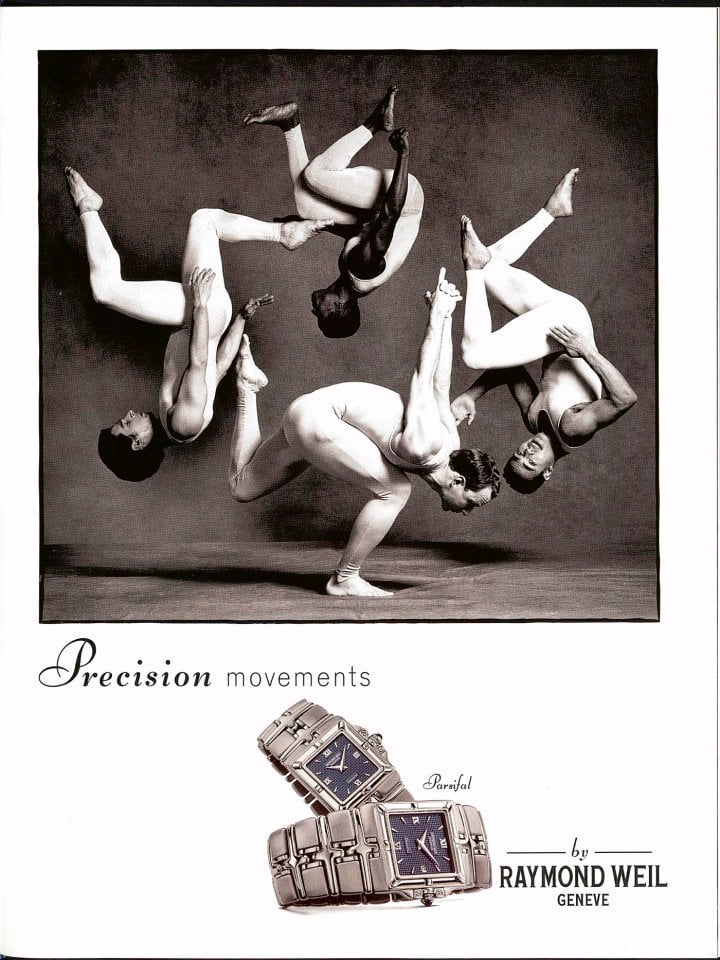 1995: The image of gymnasts seemingly suspended in mid-air offers an alternative interpretation of the expression “Precision Movements” by Raymond Weil.