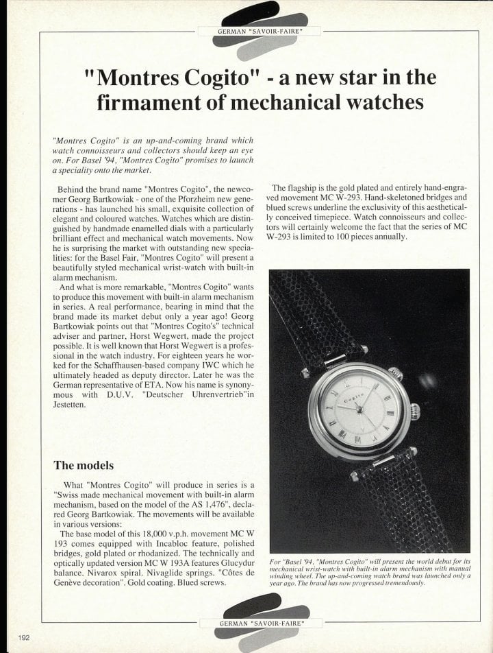 In 1994, Europa Star devoted an article to Georg Bartkowiak, a young entrepreneur then at the head of Montres Cogito.