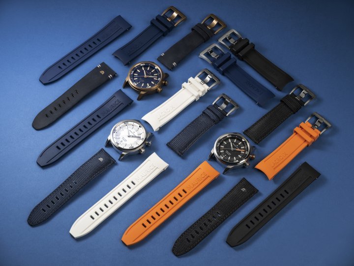  The bronze version comes supplied with two straps, one in vintage dark blue leather, incorporating the company's M-logo, and a second in dark blue rubber embossed with ‘Maurice Lacroix'. The steel models are supplied with three colour-coordinating straps: an M-branded fabric strap and two rubber straps incorporating Maurice Lacroix branding, presented in relief. 