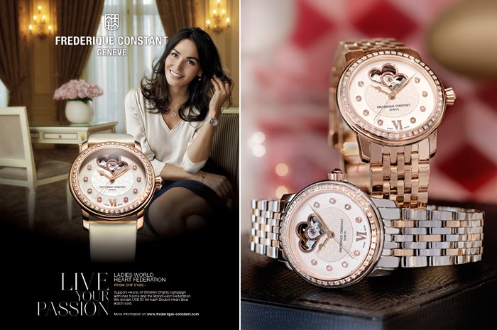 Left: Inès Sastre - Right: Ladies Automatic “World Heart Federation” FC-310WHF2PD2B3 and FC-310WHF2PD4B3 Models by Frédérique Constant
