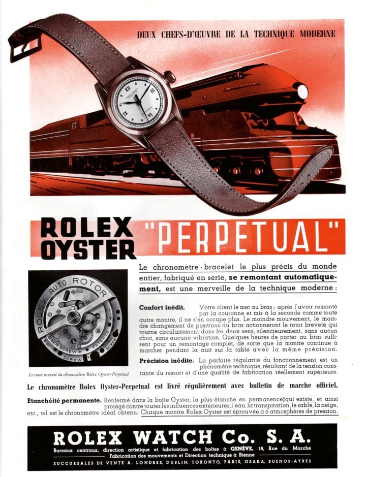 1938: The locomotive and the Oyster Perpetual are hailed as “two masterpieces of modern technology”. Typical of Rolex advertisements from the first half of the century, the text adopts an almost didactic tone, explaining that the automatic movement offers exceptional regularity and that the Oyster case is water-resistant to 6 atm.
