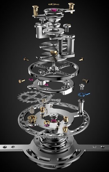 The movement driving the Osmior Tourbillon is produced by the Manufacture Horlogère de la Vallée de Joux (MHVJ)