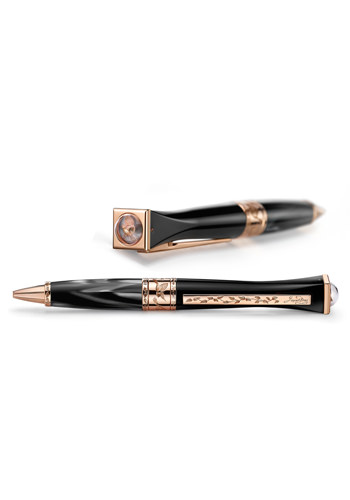 Jaquet Droz rose gold pen featuring engraved floral motifs and a bird appliqué