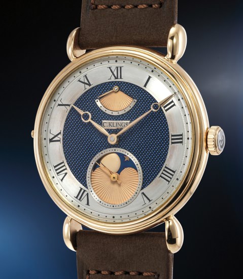 At the 2022 spring auction, this CK1 model in pink gold by the independent German watchmaker Christian Klings, was sold by Phillips for more than CHF 250,000.
