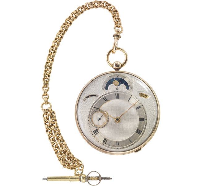  Breguet No. 3833, sold 12 May 1823. Gold case, off-centre silver dial with windows for the date and moon phases, off- centre small seconds, lever escapement.