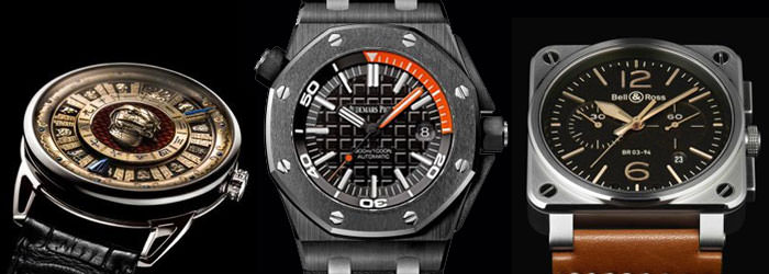 From Left to Right: De Bethune “DB25 Imperial Fountain” - Audemars Piguet “Royal Oak Offshore Diver” - Bell & Ross “BR 03-94 Golden Heritage”