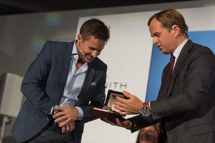Jean-Frédéric Dufour (right) & Felix Baumgartner (left) during the Zenith press conference in BaselWorld