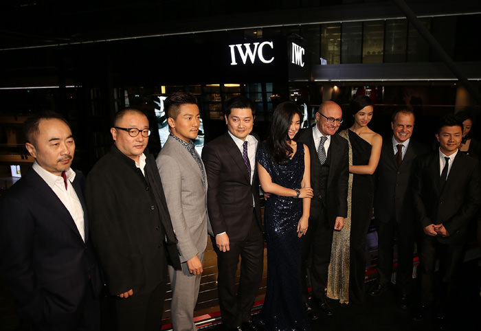(L to R) Artist Wang Lu Yan, flim director Wang Xiao Shuai, Actor Alec Su, Managing Director of IWC China Dennis Lee, actress Zhu Zhu, CEO of IWC Georges Kern, actress Tang Wei, Managing Director of IWC Asia Pacific Benoit de Clerck and Olympic gold medalist Chen Yibing pose for photographs during the IWC Flagship Boutique Opening