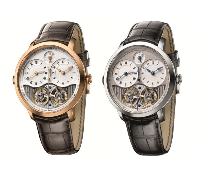 DBG Timepieces - Left: 18-carat rose gold case, silvery-white and silvery opaline dial, case diameter 44 mm, A&S1209 exclusive Arnold & Son mechanical movement, hand-wound © Arnold & Son - Right: Stainless steel case, light-grey and silvery opaline dial, case diameter 44 mm, A&S1209 exclusive Arnold & Son mechanical movement, hand-wound © Arnold & Son