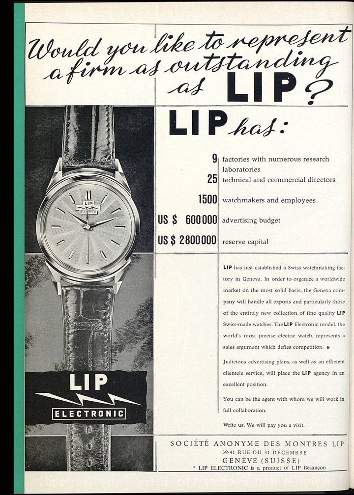 Europa Star Archives from 1960, when Lip was at the height of its fame, with nine factories, 1,500 employees and a newly opened manufacturing plant in Geneva. After deindustrialisation left France's watch industry on the brink, Lip is back on form thanks to the efforts deployed by the Bérard family, reconnecting the brand to its dynamic legacy.