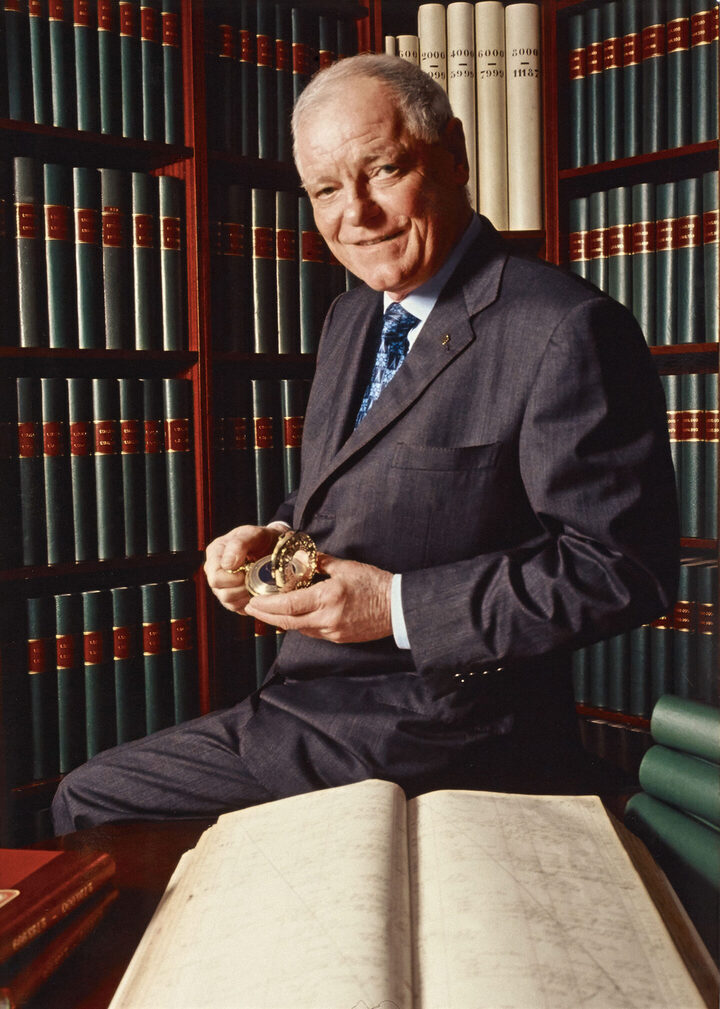 Philippe Stern, during his time as president, in the room where all the Manufacture's ledgers dating back to 1839 are carefully preserved. Every watch produced is individually recorded and documented there according to a classification system that has remained unchanged since the very beginning.