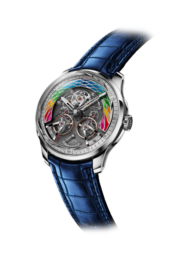 Displaying all the colours of Only Watch 2023, the enamel pattern on the one-off Place Vendôme Complicité is inspired by ripples on the surface of Lake Geneva.