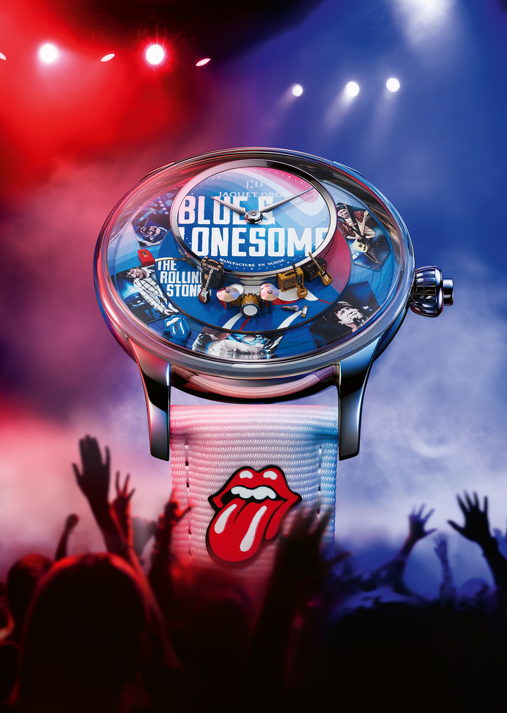 The outer dial is animated by one of Jaquet Droz's signature automata. Activated on demand via the pusher integrated into the crown, the rotating disc – engraved with imagery associated with the album and its promotion – completes one revolution every 30 seconds and can perform up to eight consecutive rotations. But the animation extends beyond the rotating record. The famous Rolling Stones tongue at 9 o'clock comes alive, moving rhythmically up and down, while a miniature turntable arm rises and falls to indicate the automaton's power reserve. 