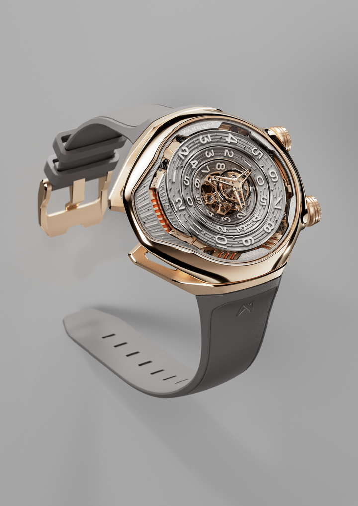 Launched in 2021, the Black Hole redefines time display with its three rotating discs and suspended tourbillon.