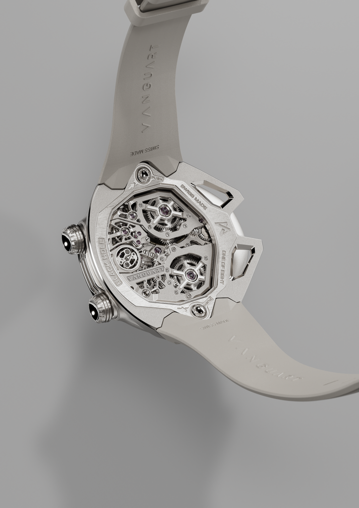 The Black Hole's Grade 5 titanium movement features an in-house developed levitating flying tourbillon; time-setting is operated via a high-precision joystick.