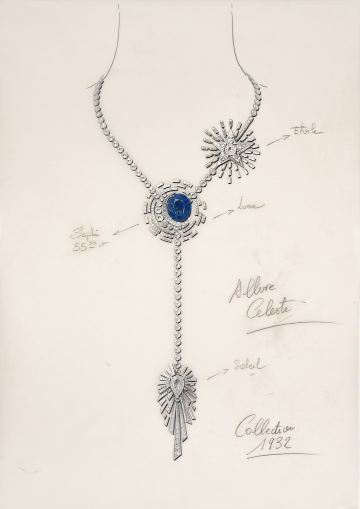Chanel 1932 Collection Allure Céleste necklace in white gold and diamonds with a 55.55 ct. oval-cut sapphire, 8.05 ct pear-cut diamond D FL (Type IIa) and a 2.52 ct brilliant-cut diamond D FL (Type IIa).