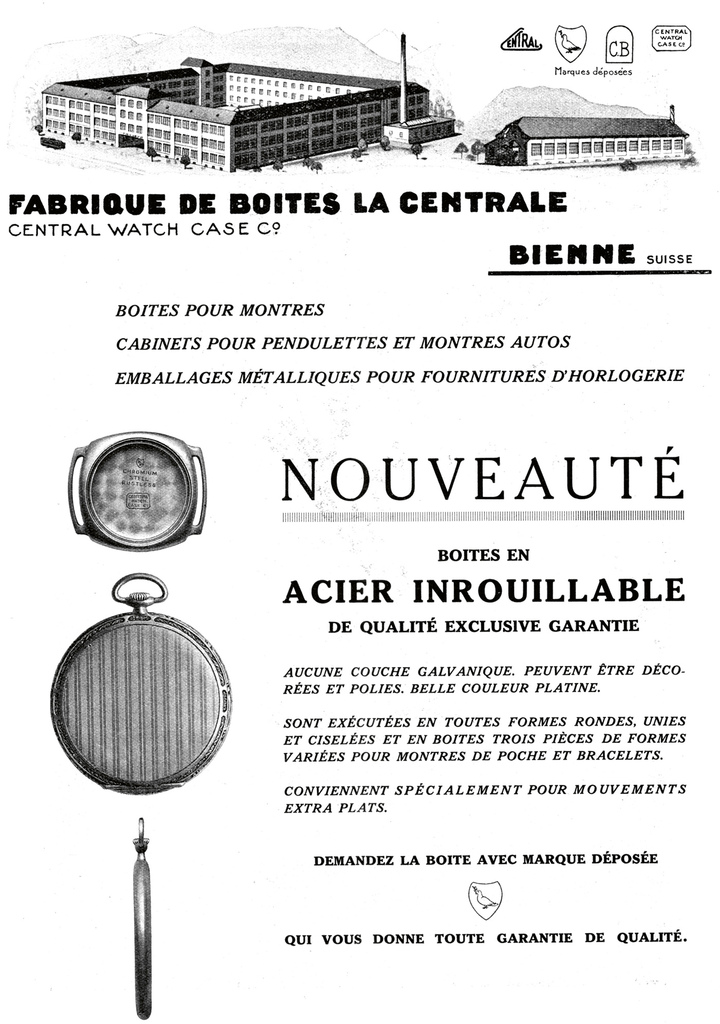 1930: Biel-based case manufacturer La Centrale announces the adoption of a new material in watchmaking: stainless steel. The image of the large-scale factory, a common feature in advertisements since the 1910s, demonstrates the advertiser's considerable production capacity.