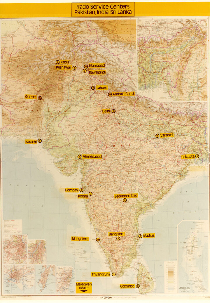 The various Rado service centres in the mid-1980s.
