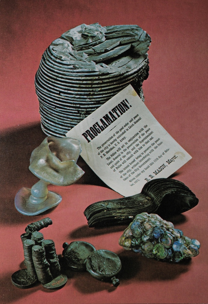 Collection of melted objects found after the Great Chicago Fire (1871), published by the Chicago Historical Society. Tissot Archive.