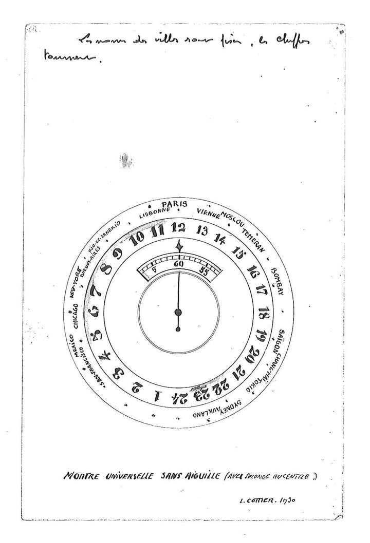 Original drawing, signed Louis Cottier, 1930: “Universal watch without hands (with centre seconds)”. “The names of the cities are fixed, the numbers turn.”