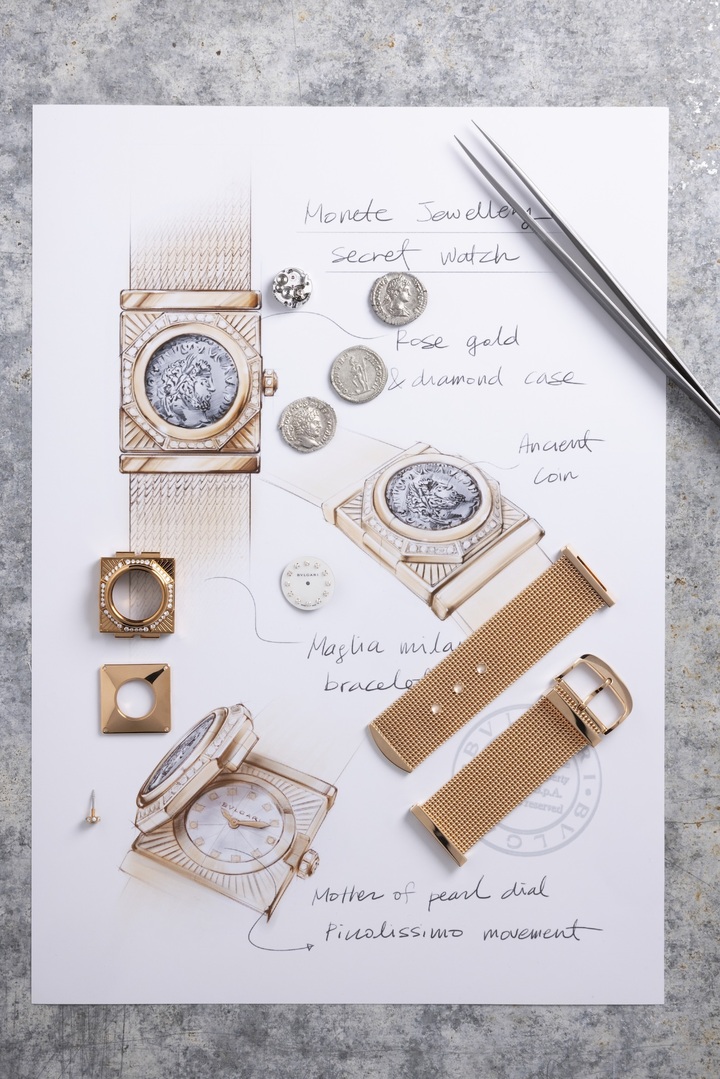 For the first time, Bvlgari is showcasing the traditional art of Milanese mesh. Crafted from interwoven gold threads, this structure was developed by the city's goldsmiths during the Renaissance. Here, the suppleness of the Milanese mesh is modernised and paired with the Monete design and the warm reflections of gold.