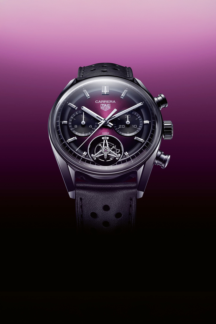 The signature glassbox domed sapphire crystal features on this TAG Heuer Carrera Chronograph Tourbillon, with a fumé dial graduating from black to purple. Available as a limited edition of 200. It is driven by the Heuer 02 (TH20-09) tourbillon movement from TAG Heuer, which delivers a power reserve of 65 hours.