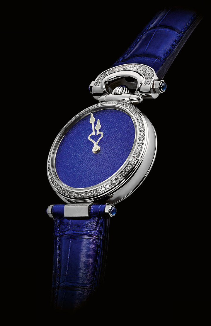 Miss Audrey Sweet Art Sugar dial: the process of producing this dial is extraordinarily complex. First, the pure sugar crystals are prepared so their structure will not change when exposed to light or heat (no, the sugar crystals will not melt). The crystals are chosen for size, then combined with special paints and hand-applied to the dial by one of Bovet's miniature painting artisans. This demanding process, protected by a patent, leaves no room for error. One misstep and the entire process has to start again.