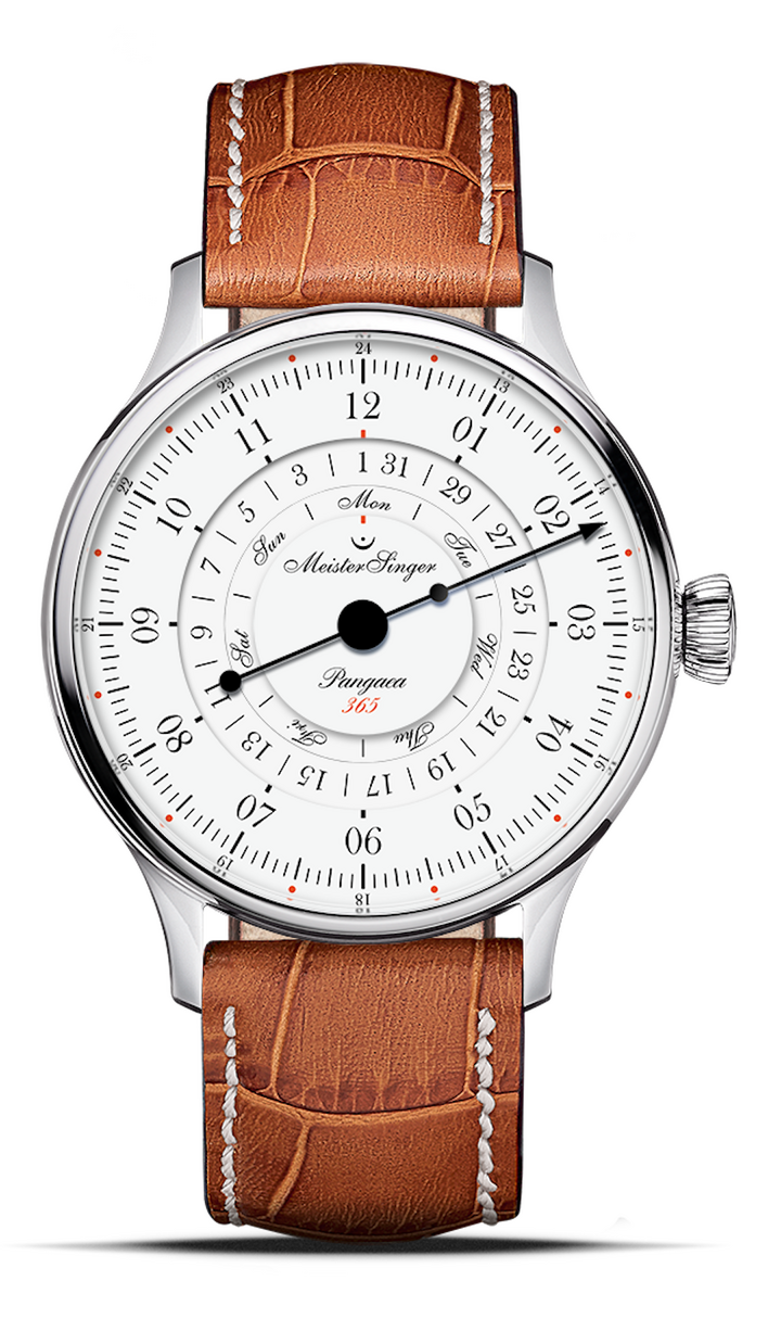 The MeisterSinger Pangaea Day Date 365 indicates the time, with its single hand, as well as the weekday and the date