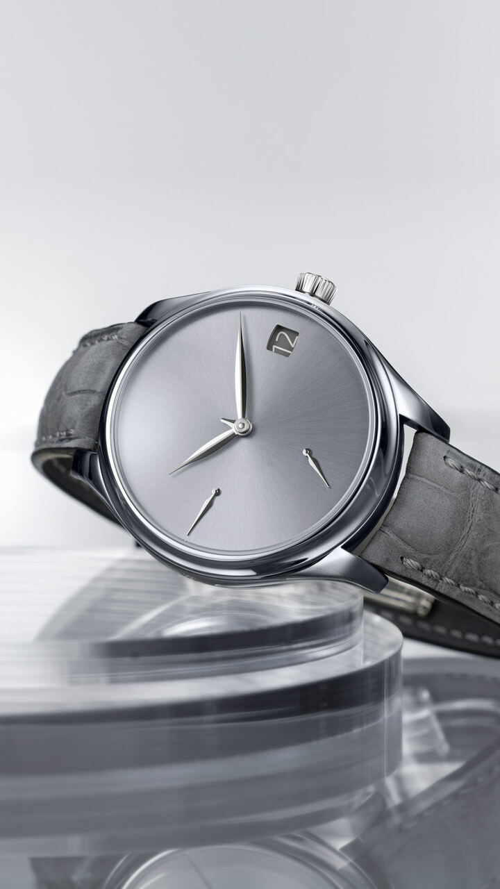 The purity of H. Moser & Cie.'s perpetual calendar, now available with both a tantalum case and dial on this Endeavour Perpetual Calendar Concept Tantalum model. Unconventional Haute Horlogerie for connoisseurs, in keeping with the brand's motto.