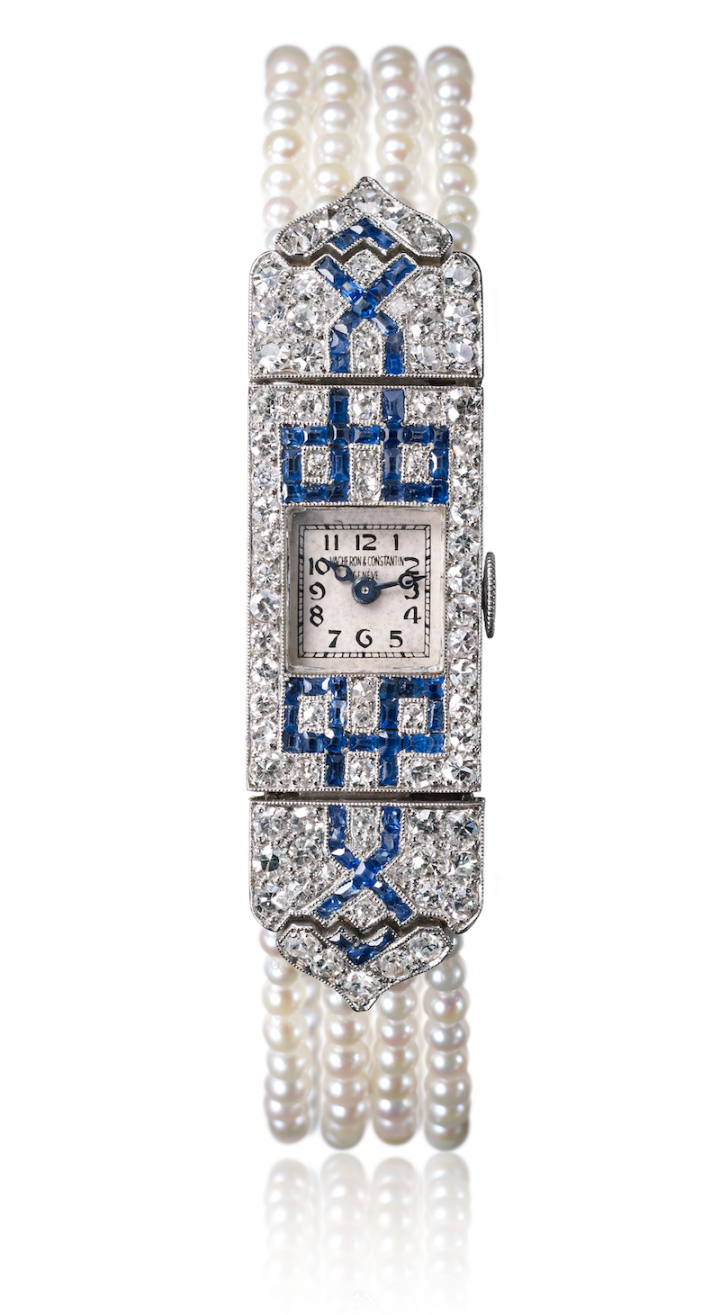 Vacheron Constantin, lady's wristwatch in white gold, baguette-cut sapphires, single-cut diamonds, millegrain decoration, pearl bracelet, 1920