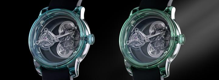 Independent watch brand Artya recently introduced a concept of nano-sapphire allowing for the colour of the sapphire crystal case to change. On the Purity Tourbillon Chameleon, the case turns from a deep blue to a translucent green when exposed to artificial light (6500K or above).
