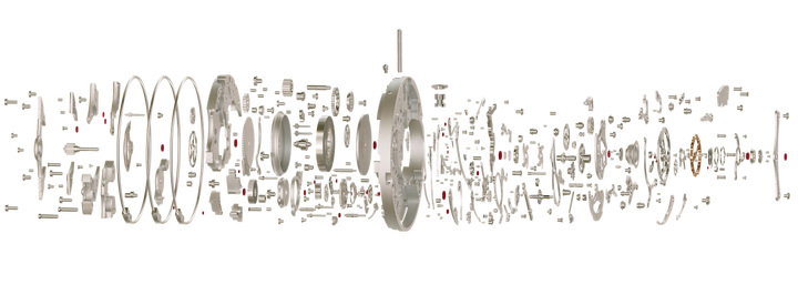 Exploded view of Concepto's calibre 08600, a manually wound movement combining a tourbillon with a minute repeater striking on three gongs.