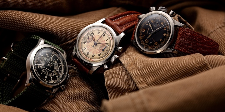 Three versions of the celebrated Multichron Clamshell from the 1940s, featuring tachymeter and telemeter scales.