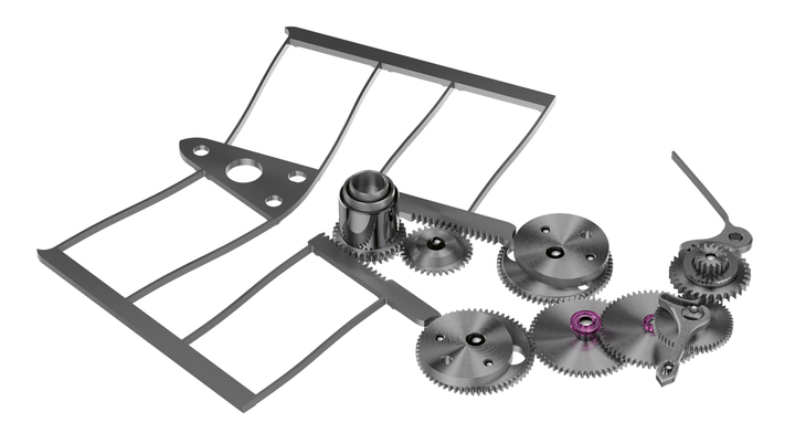 The sunrise and sunset rack mechanism, showing the two ovoid cams (in the centre), the double feeler-spindle and the flexible guiding system with its two pairs of four spring arms. On the right, the gears that transmit information from the mechanism to the hands.