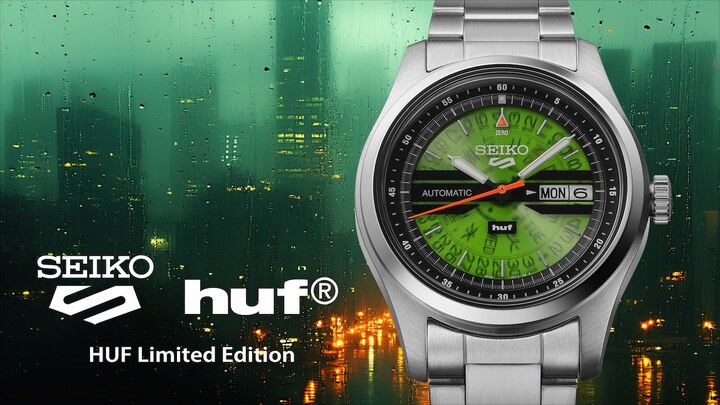 Seiko 5 Sports introduces a limited-edition collaboration model with HUF. Based on an archival Seiko model from the 1970s, affectionately known as the “Time Sonar,” this special timepiece has been reimagined with the unique style of the lifestyle brand rooted in the spirit of skateboarding and street culture, and finished with exclusive design elements.