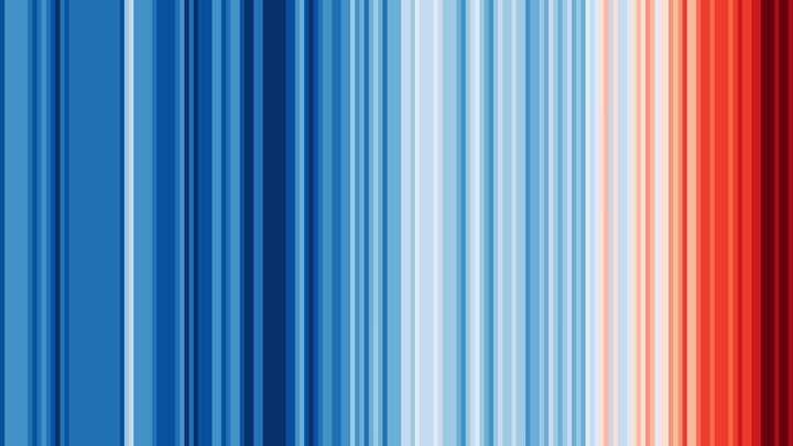 The simplest and most striking visual representation of global warming: created by Ed Hawkins at the University of Reading, it shows the average temperature from 1850 to the present day. The 1971-2000 reference period is set as the boundary between blue (cooler) and red (warmer) colours.